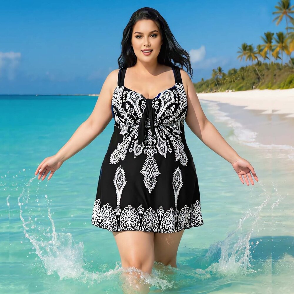 Plus Black Paisley Print 2Pc Swimdress Set Wide Strap Womens Size 18 Swimwear
